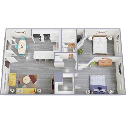 Floor plan for 2 beds, 1 bath, 779 sqft